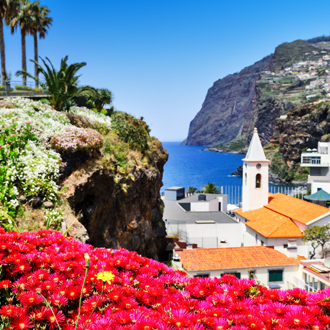 Kust met bloemen en huisjes in Madeira, Portugal